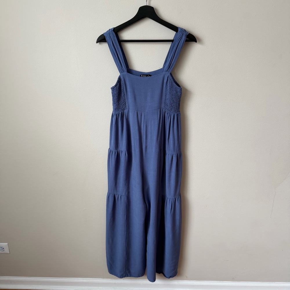 Women's V ery J Blue Sleeveless Wide Leg Square Neck Smocked Jumpsuit Size M - Picture 2 of 16